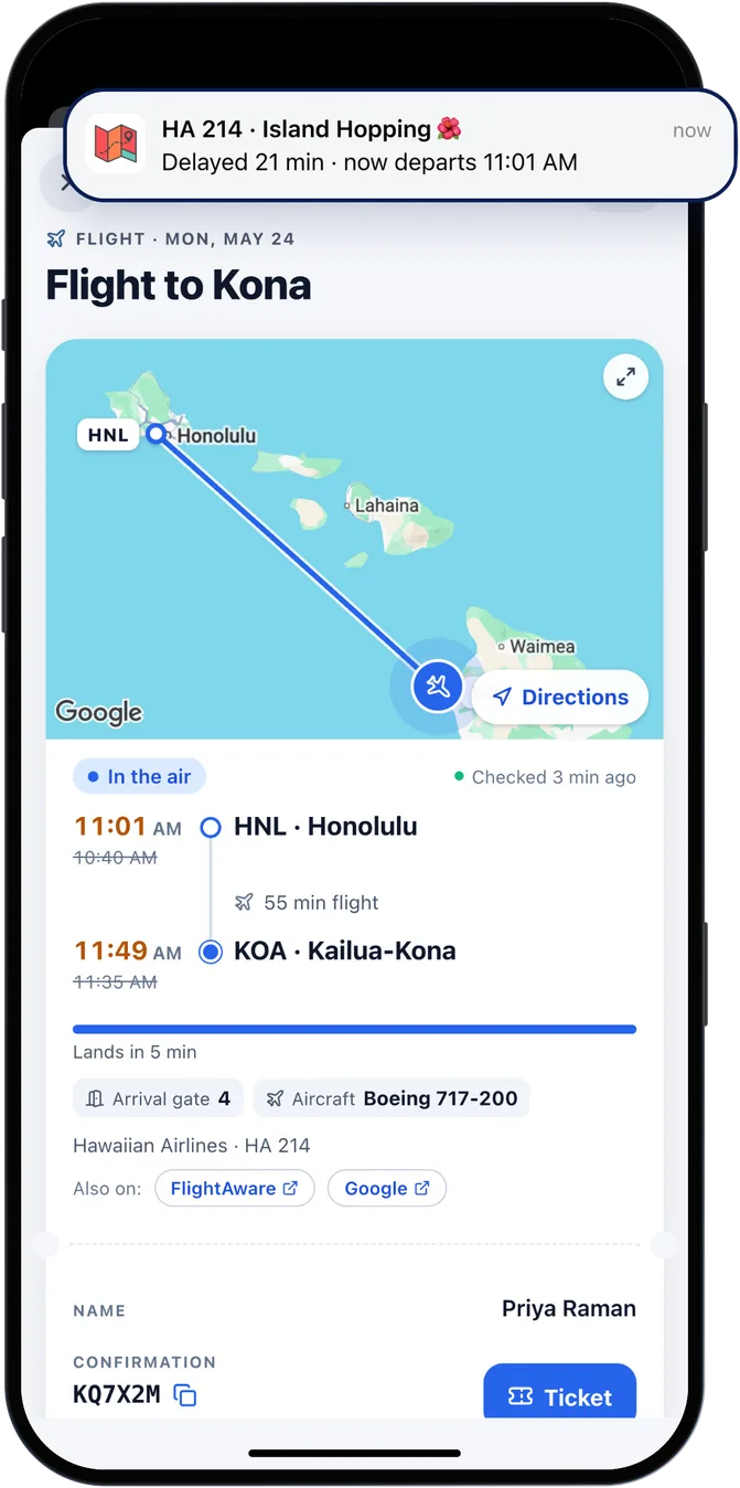 A flight to Kona with its live status, gates and times, and a delay alert above it