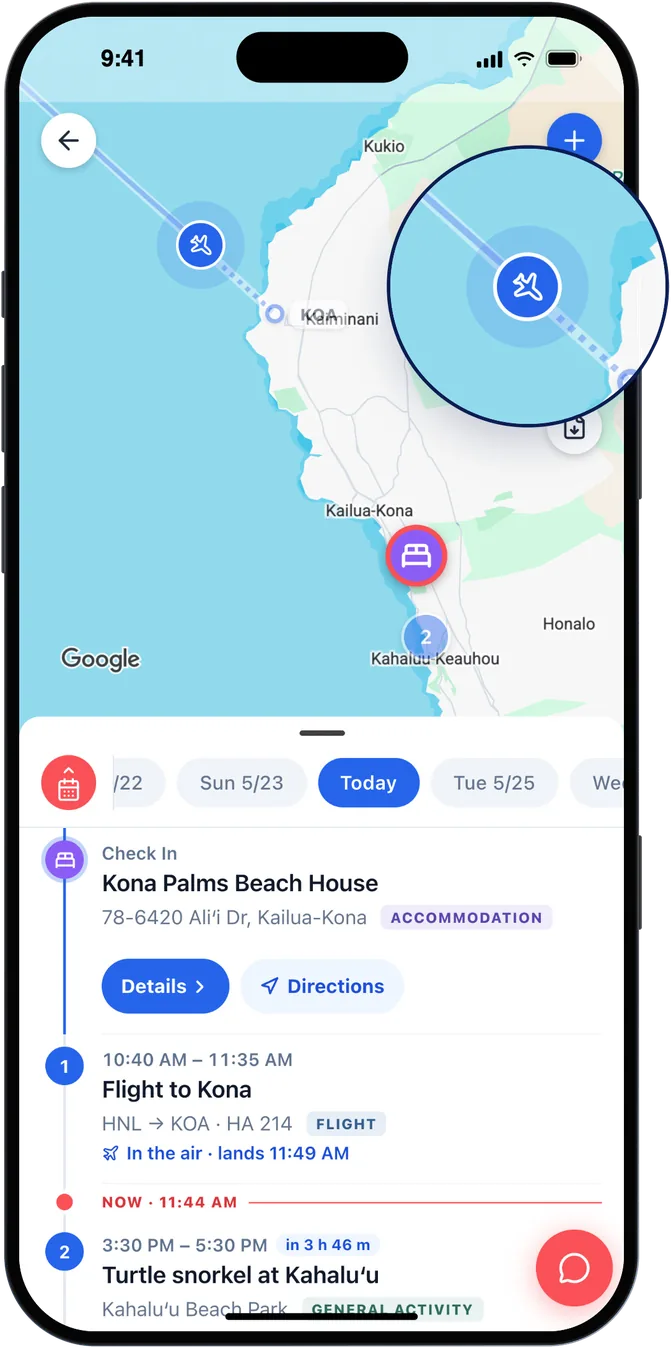 The itinerary on a map: a flight to Kona in the air, the stay pinned on the coast, and today's plans in order