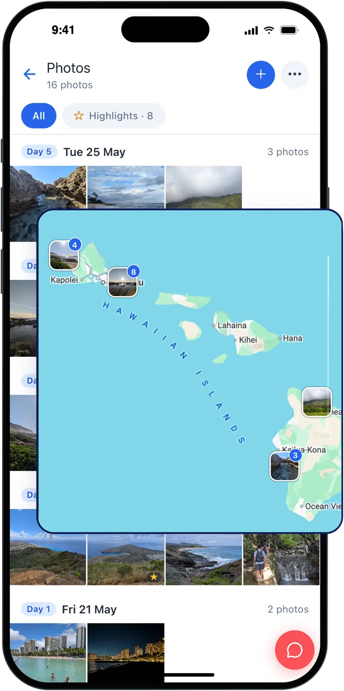 The trip's shared album, sorted by day, with a map of where each photo was taken