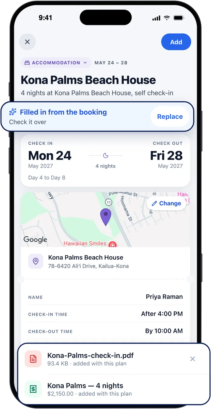 A stay filled in from a booking PDF: check-in and check-out dates, the address, and the PDF attached