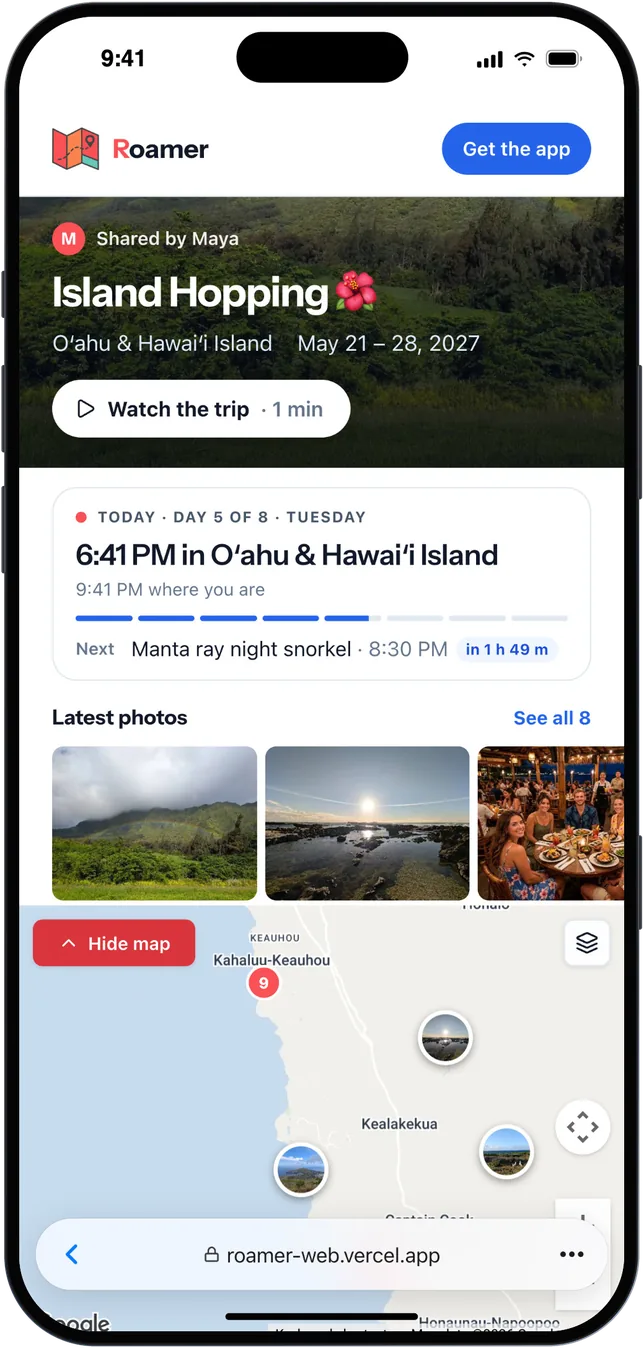 The trip's web page in a phone's browser: the cover, a Watch the trip button, today's plans and the latest photos
